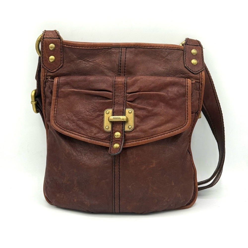Fossil Brown Leather Crossbody or Shoulder Bag Brass Hardware EUC